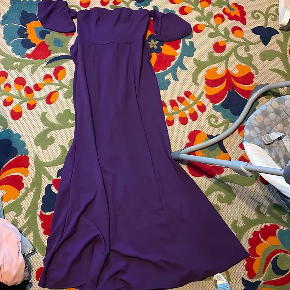 purple off shoulder dress with ruffle on back